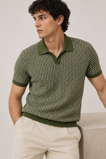 Olive Wave Knit Polo T-Shirt