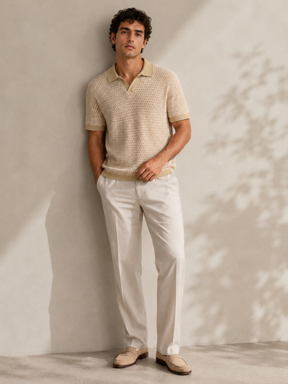 Beige Wave Knit Polo T-Shirt