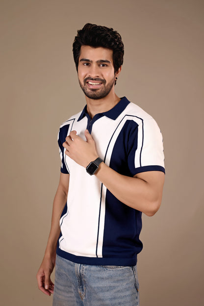 Navy Color Block Knit Polo T-Shirt