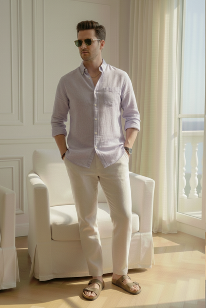 Old Money Lavender & Beige Classic Combo - Lotus Linen 2-Piece Duo Set Shirt & Pants