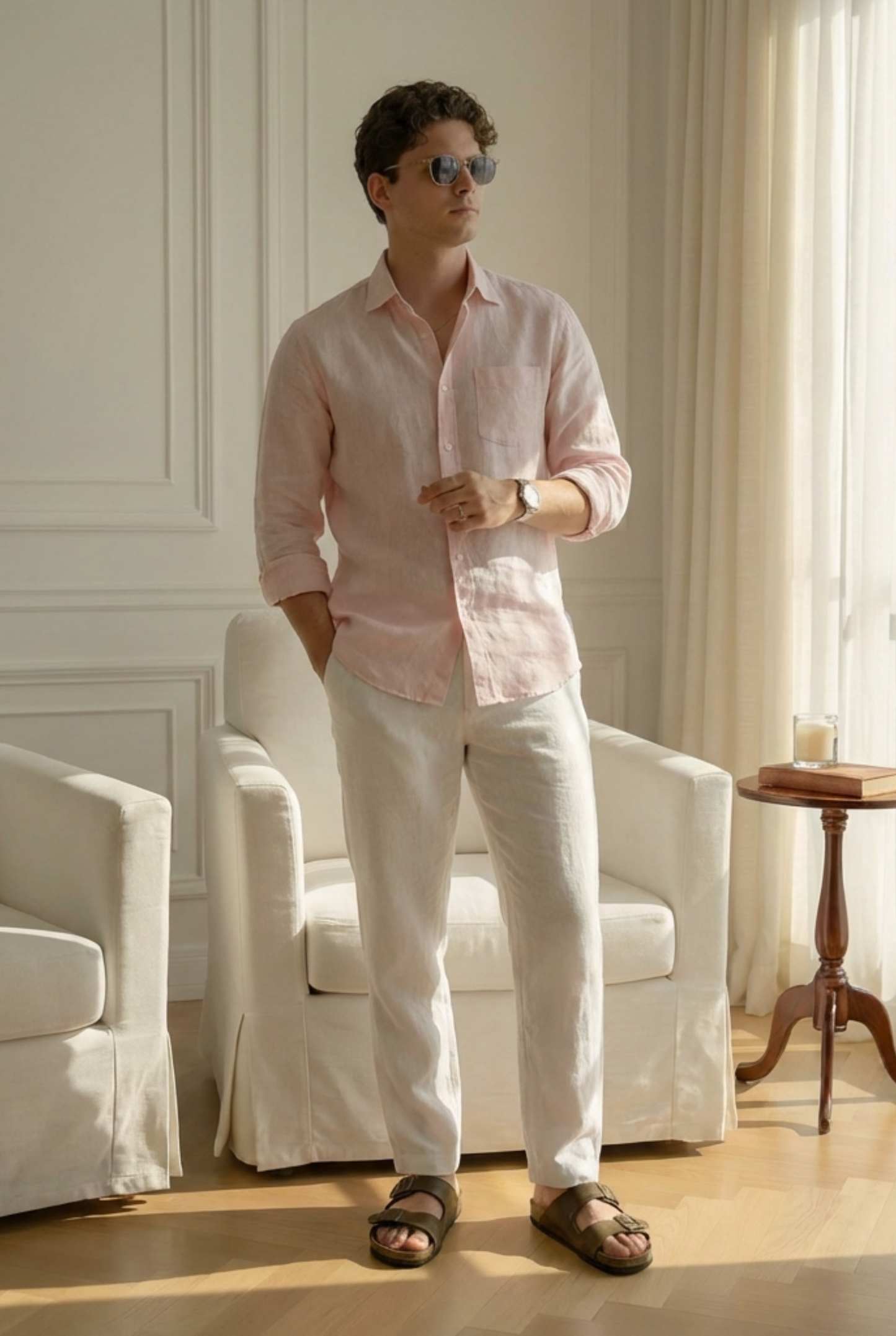 Old Money Pink & White Classic Combo - Cotton Linen 100% Cotton 2-Piece Duo Set Shirt & Pants