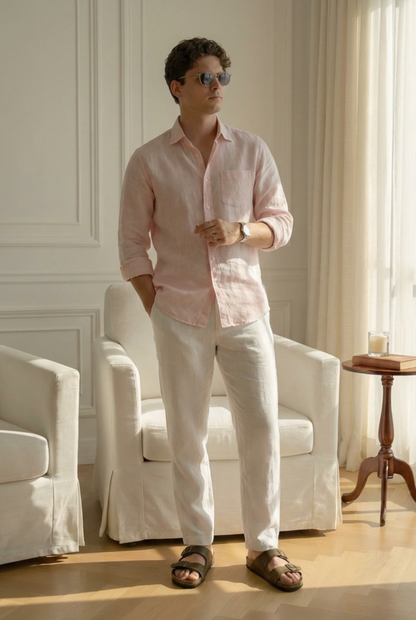 Old Money Pink & White Classic Combo - Cotton Linen 100% Cotton 2-Piece Duo Set Shirt & Pants
