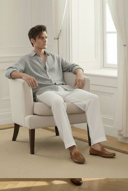 Old Money Grey & White Classic Combo - Poly Linen 2-Piece Duo Set Shirt & Pants