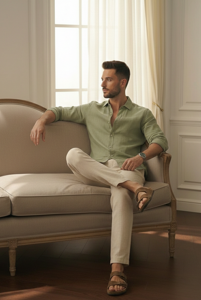Old Money Olive & Beige Classic Combo - Lotus Linen 2-Piece Duo Set Shirt & Pants