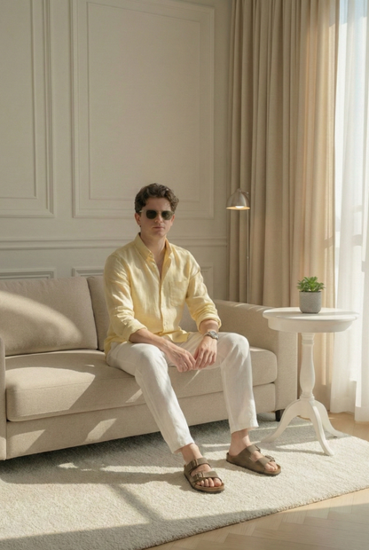Old Money Yellow & White Classic Combo - Poly Linen 2-Piece Duo Set Shirt & Pants