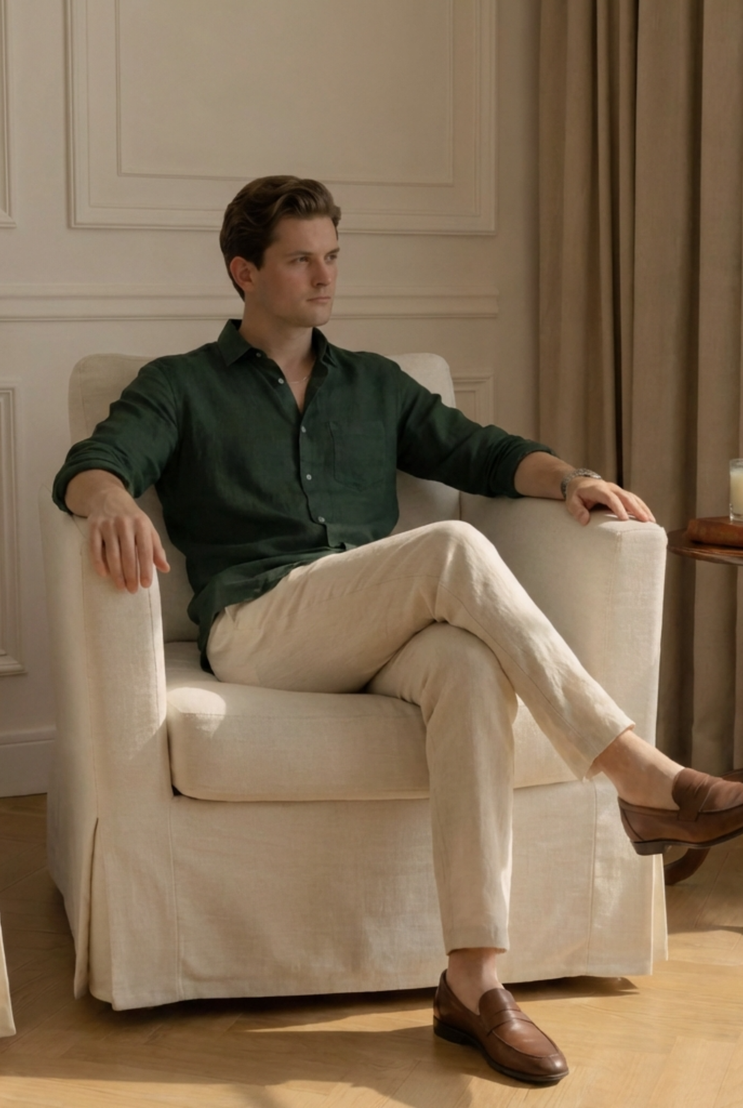 Old Money Green & Beige Classic Combo - Lotus Linen 2-Piece Duo Set Shirt & Pants