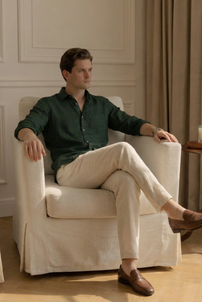 Old Money Green & Beige Classic Combo - Lotus Linen 2-Piece Duo Set Shirt & Pants