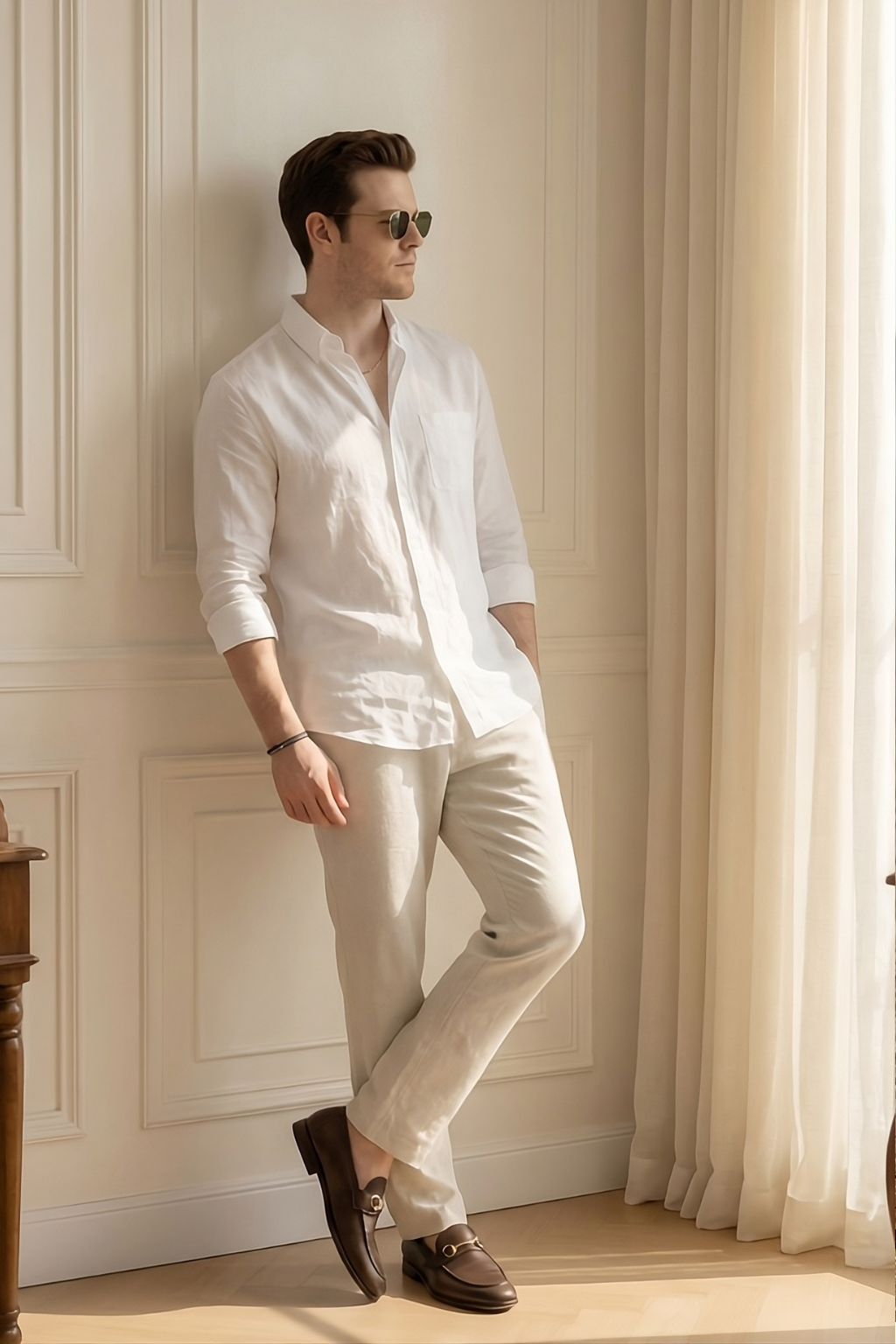 Old Money White & Beige Classic Combo - Poly Linen 2-Piece Duo Set Shirt & Pants