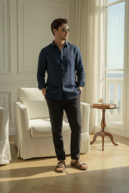 Old Money Navy & Black Classic Combo - Lotus Linen 2-Piece Duo Set Shirt & Pants