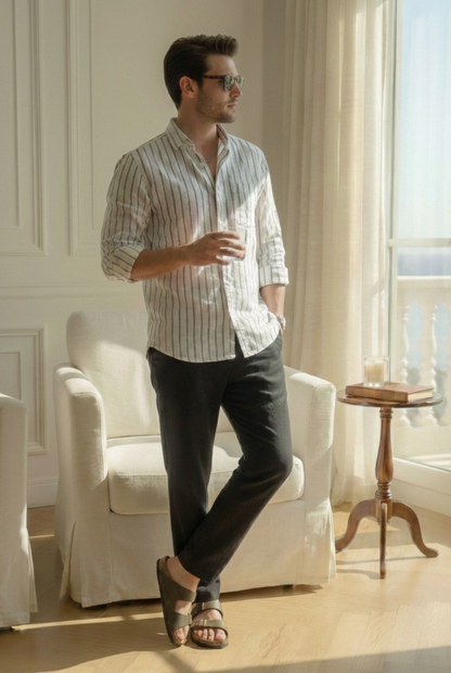 Heritage Stripes White & Black Set Oxford Cotton Relax Fit Premium Shirt and Pants Duo
