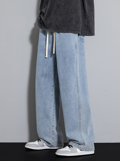 Men's Youth Loose Fit Straight-Leg Wide-Leg Heavy-Duty Washed Elastic Waist Drawstring CQ1110