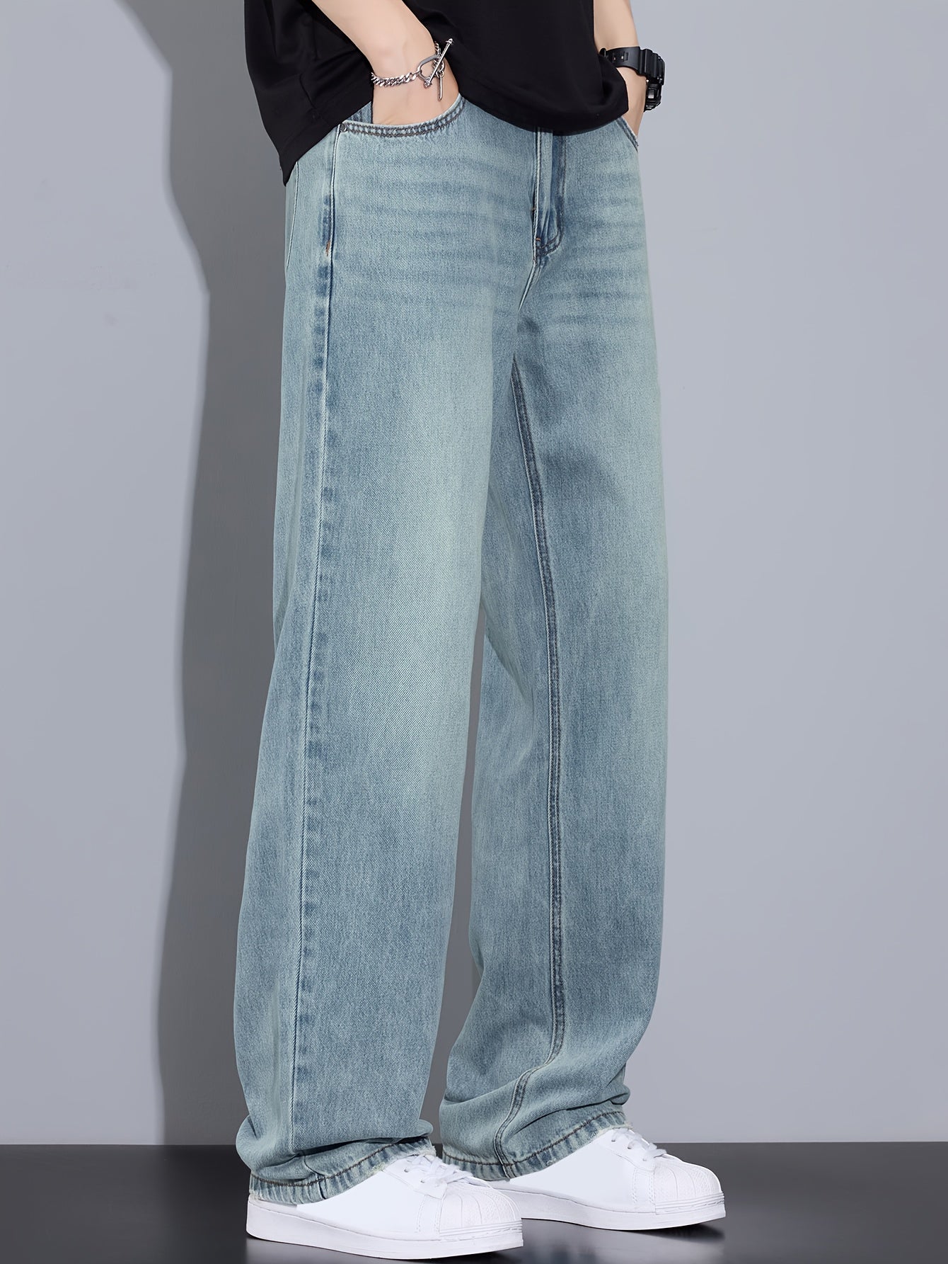 Hong Kong Style Vintage Distressed Youth Literary Light Blue Fashion Easy Men'S Autumn Washed Denim Jeans Casual All-Match Basic Commute Outdoor Leisure Loose Comfortable All-Season Men'S Straight Long Trousers (Kane.Zhang)
