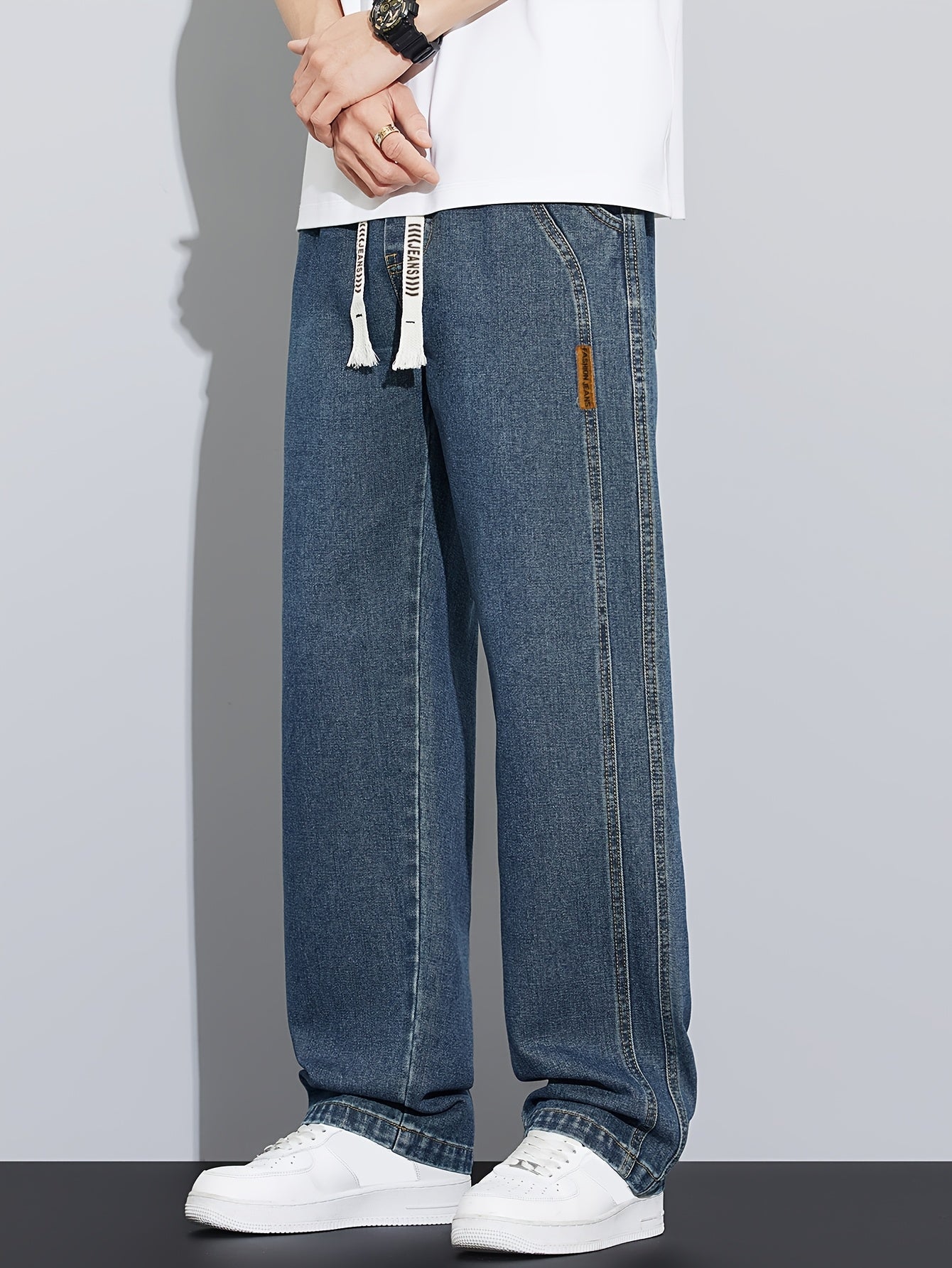 Men's Vintage Washed Blue Jeans - Heavy-Duty Straight-Leg Machine-Washable Pants for Casual, Office, Casual Attire (No-Stretch Non)