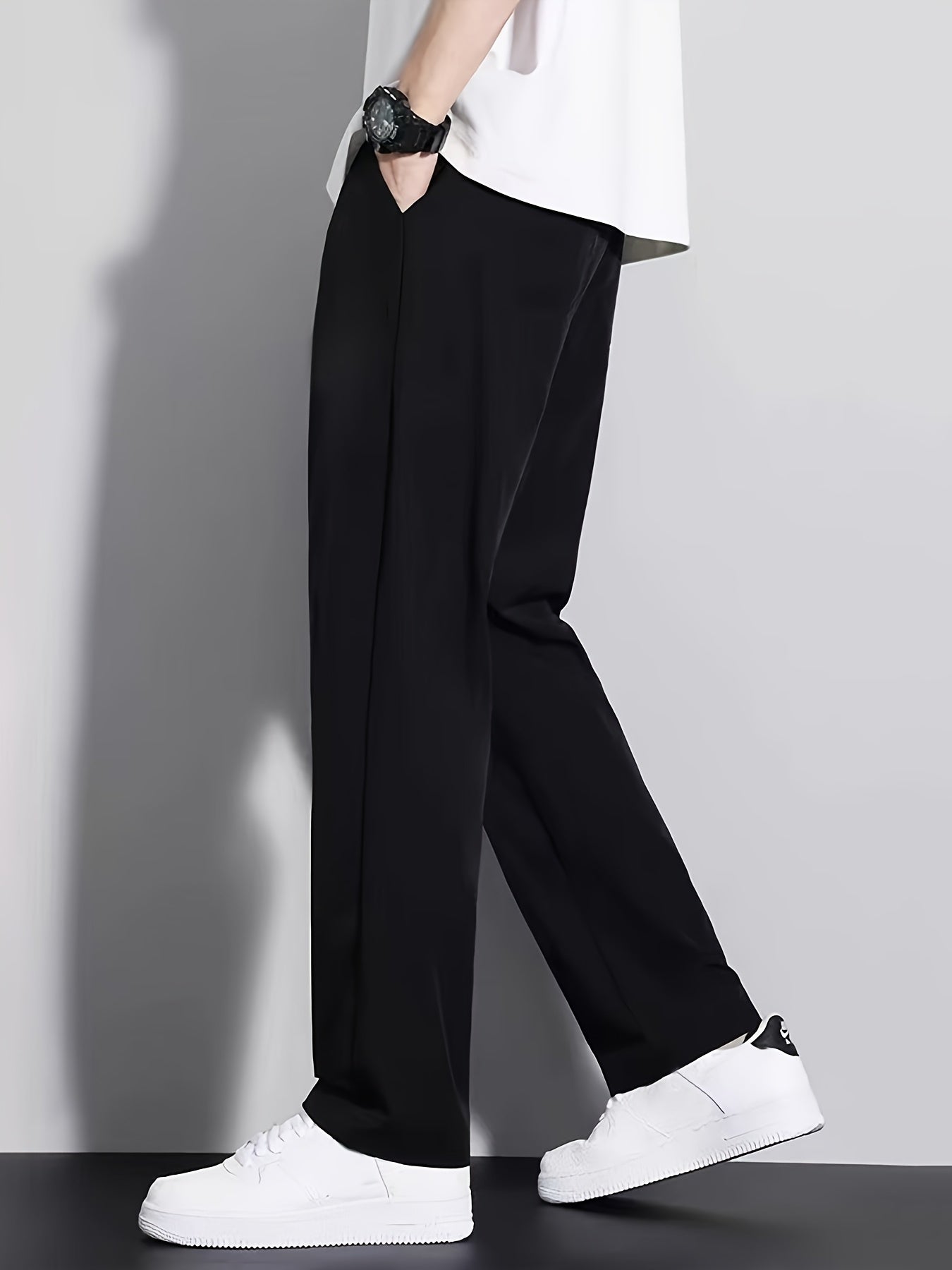 Summer Solid Ice Fiber Fabric Quick-Dry Casual Athletic Outdoor Straight Long Pants Elastic Waistband Drawstring