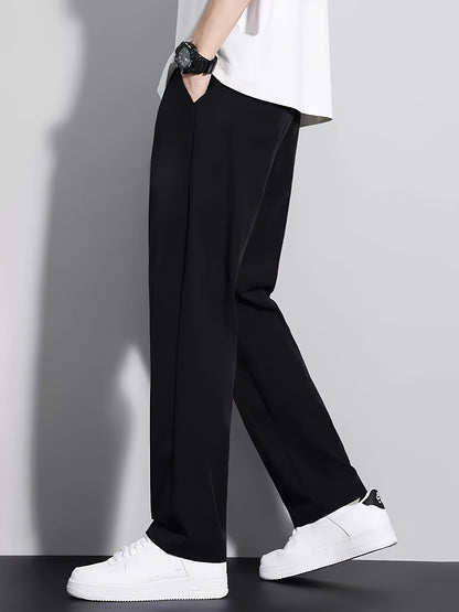 Summer Solid Ice Fiber Fabric Quick-Dry Casual Athletic Outdoor Straight Long Pants Elastic Waistband Drawstring