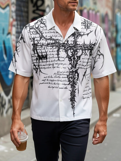 [Men's Print Shirt] Men's White Loose Casual Short Sleeve Button-Up Shirt with Print