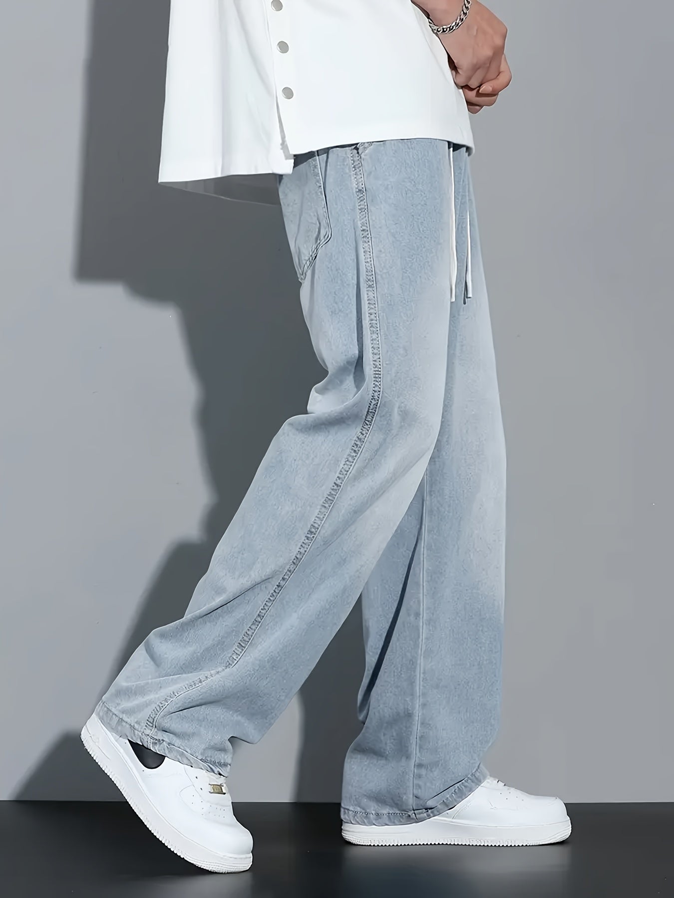 Men's Light Blue Washed Jeans - Non-Stretch Denim Pants with Drawstring Waist, Relaxed Fit for Everyday Streetwear, All-Season Casual Outfits - Teen & Adult Jeans, Comfortable Fashion, Mediumwaist Design
