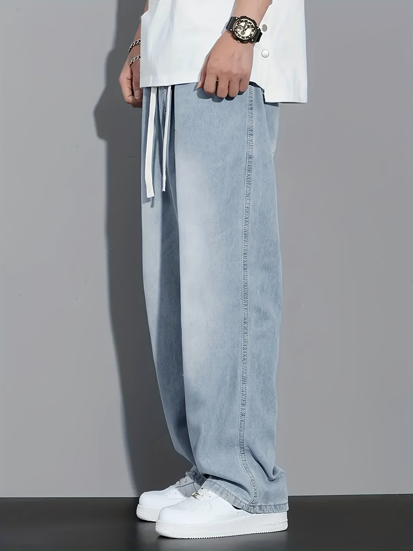 Men's Light Blue Washed Jeans - Non-Stretch Denim Pants with Drawstring Waist, Relaxed Fit for Everyday Streetwear, All-Season Casual Outfits - Teen & Adult Jeans, Comfortable Fashion, Mediumwaist Design