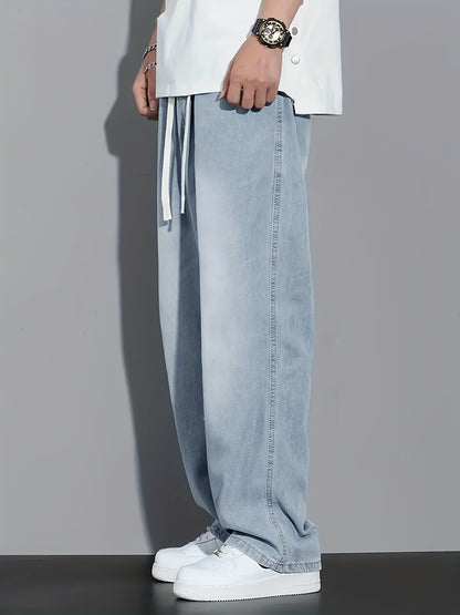 Men's Light Blue Washed Jeans - Non-Stretch Denim Pants with Drawstring Waist, Relaxed Fit for Everyday Streetwear, All-Season Casual Outfits - Teen & Adult Jeans, Comfortable Fashion, Mediumwaist Design