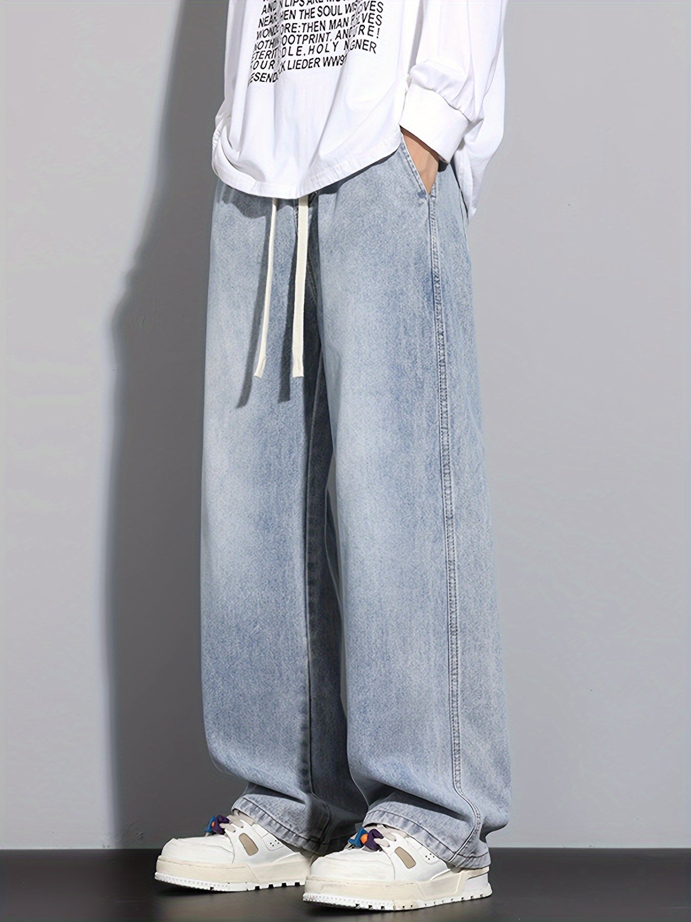 Men's Straight-Leg Relaxed Fit Non-Stretch Elastic Waistband Heavy Wash Salted Cat Whisker Five-Color Choice Jeans YG1133