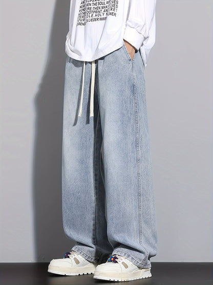 Men's Straight-Leg Relaxed Fit Non-Stretch Elastic Waistband Heavy Wash Salted Cat Whisker Five-Color Choice Jeans YG1133