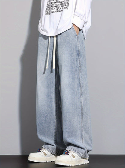 Men's Straight-Leg Relaxed Fit Non-Stretch Elastic Waistband Heavy Wash Salted Cat Whisker Five-Color Choice Jeans YG1133