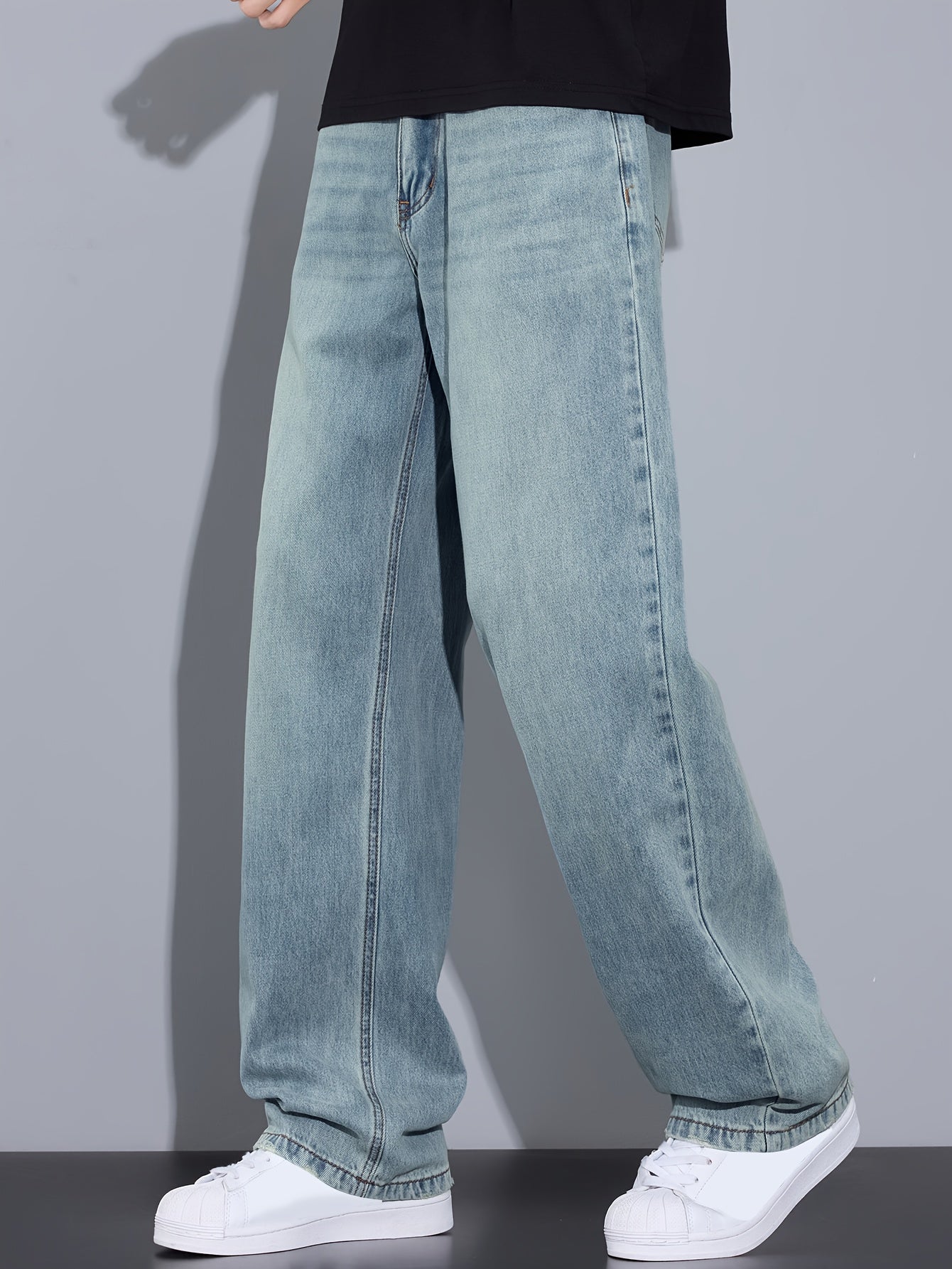Hong Kong Style Vintage Distressed Youth Literary Light Blue Fashion Easy Men'S Autumn Washed Denim Jeans Casual All-Match Basic Commute Outdoor Leisure Loose Comfortable All-Season Men'S Straight Long Trousers (Kane.Zhang)