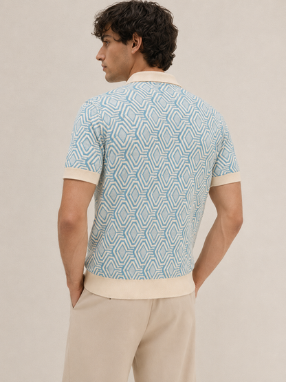 Sky Blue Geo Knit Polo T-Shirt