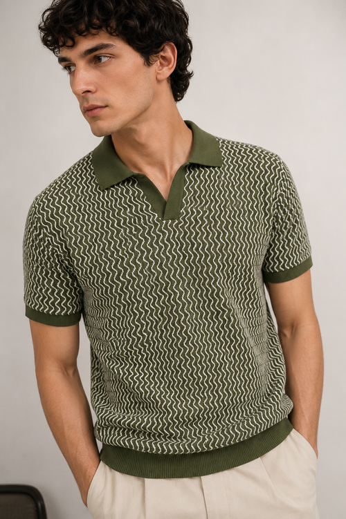 Olive Wave Knit Polo T-Shirt