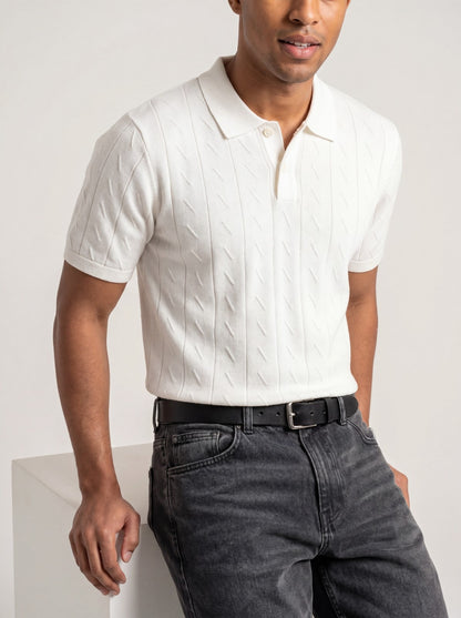 Ivory Textured Knit Polo T-Shirt