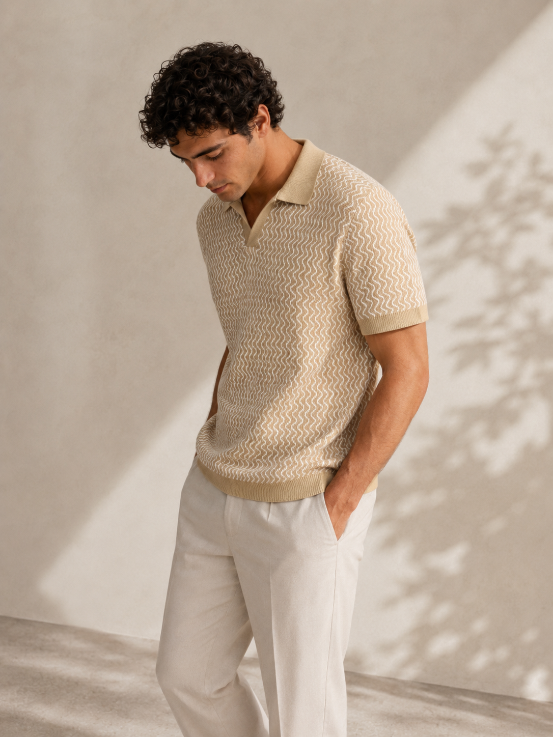 Beige Wave Knit Polo T-Shirt