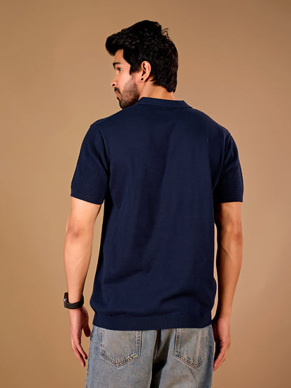 Navy Textured Knit Polo T-Shirt