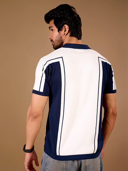 Navy Color Block Knit Polo T-Shirt