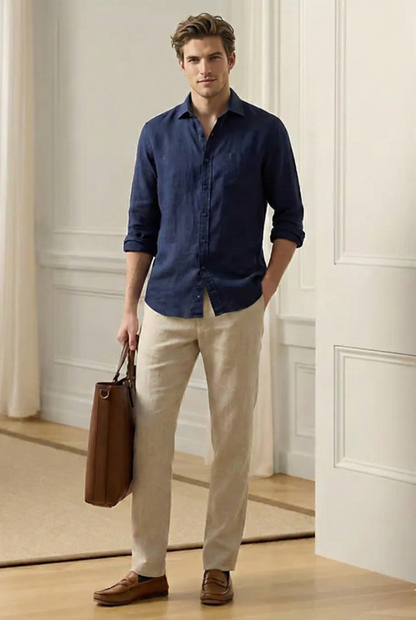 Old Money Navy & Beige Classic Combo - Lotus Linen 2-Piece Duo Set Shirt & Pants