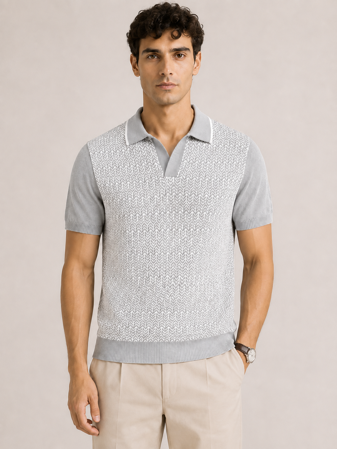 Ivory Textured Knit Polo