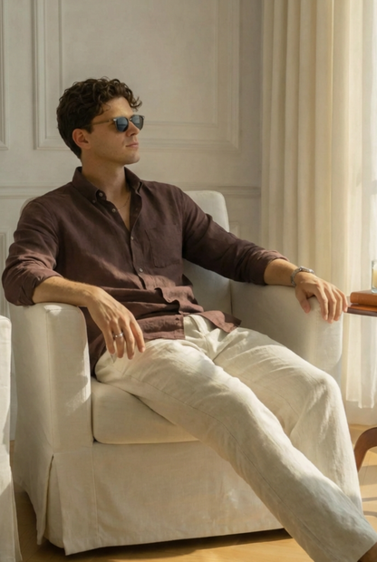 Old Money Brown & Beige Classic Combo - Lotus Linen 2-Piece Duo Set Shirt & Pants