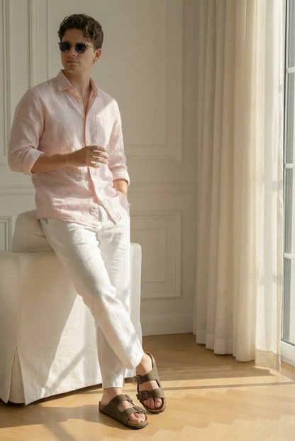 Old Money Pink & White Classic Combo - Cotton Linen 100% Cotton 2-Piece Duo Set Shirt & Pants