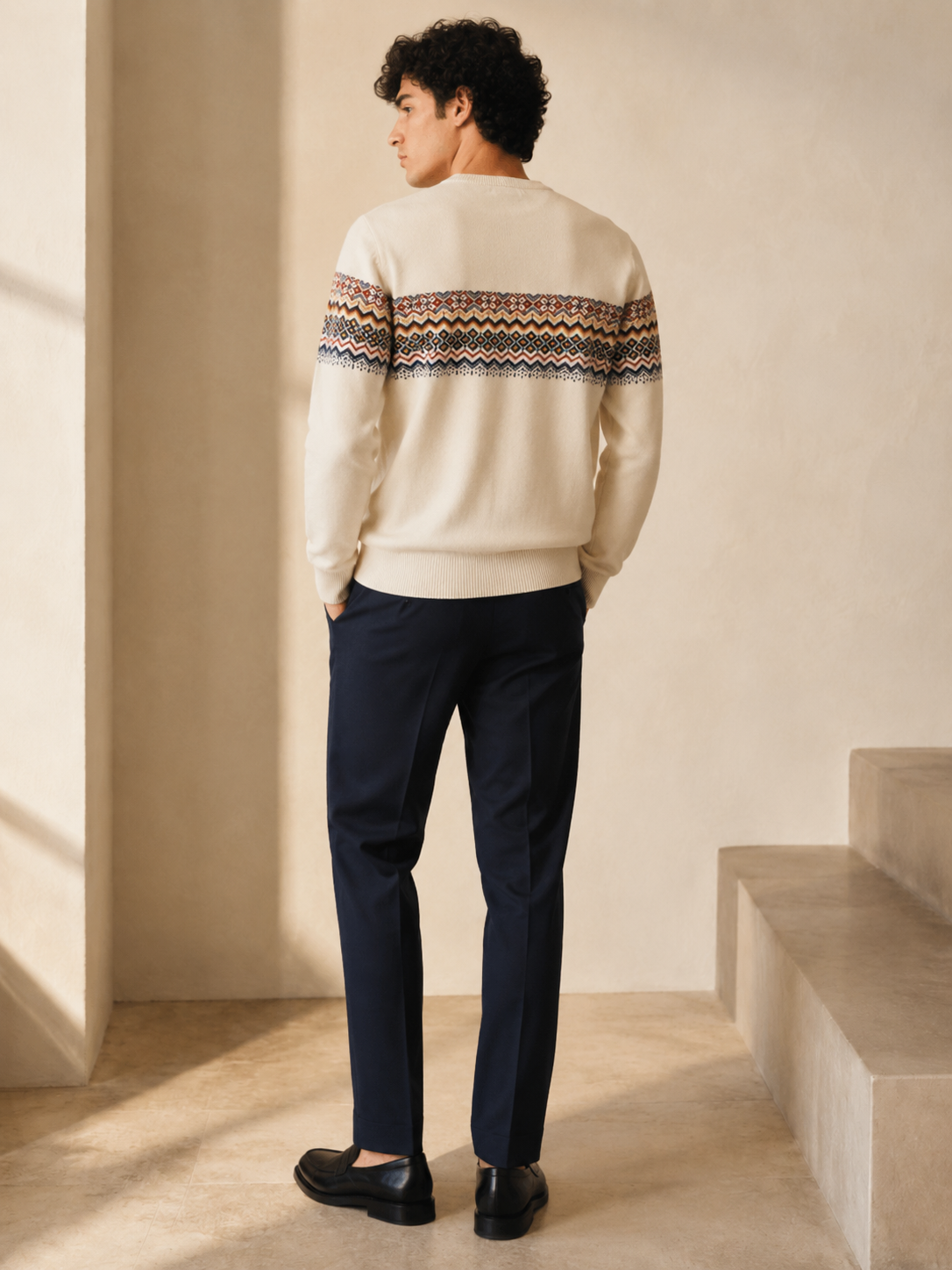 Men's Premium Fair Isle Jacquard Knit Sweater – Off White