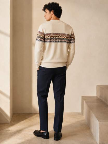 Men's Premium Fair Isle Jacquard Knit Sweater – Off White
