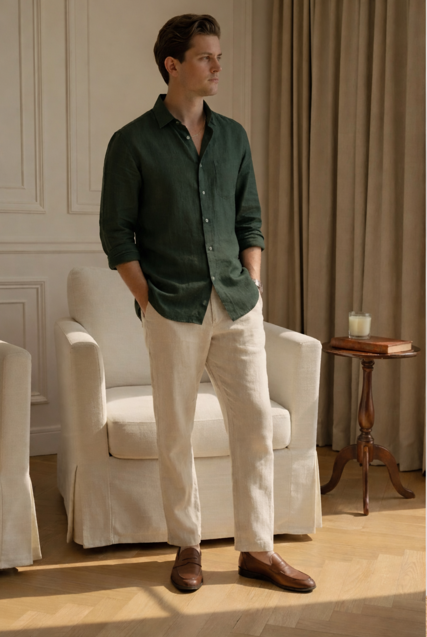 Old Money Green & Beige Classic Combo - Lotus Linen 2-Piece Duo Set Shirt & Pants