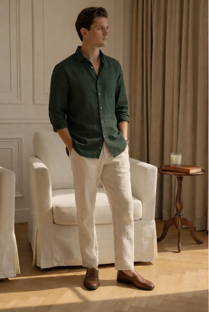 Old Money Green & Beige Classic Combo - Lotus Linen 2-Piece Duo Set Shirt & Pants