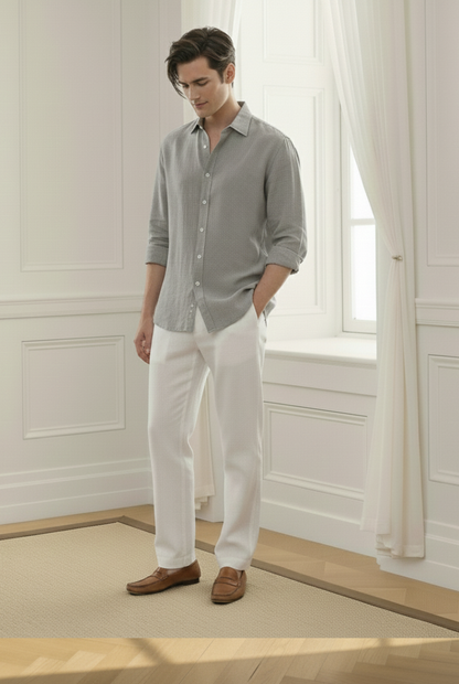 Old Money Grey & White Classic Combo - Poly Linen 2-Piece Duo Set Shirt & Pants