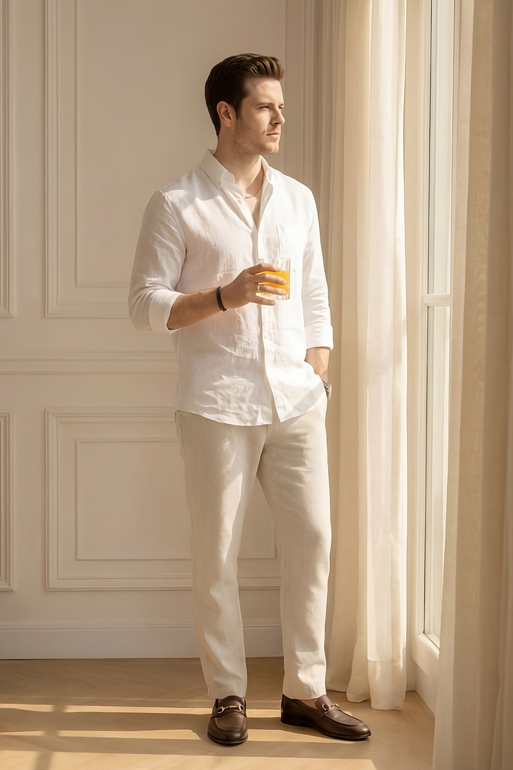 Old Money White & Beige Classic Combo - Poly Linen 2-Piece Duo Set Shirt & Pants