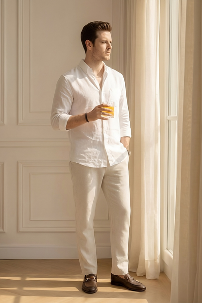 Old Money White & Beige Classic Combo - Poly Linen 2-Piece Duo Set Shirt & Pants