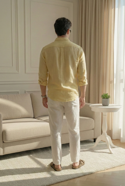 Old Money Yellow & White Classic Combo - Poly Linen 2-Piece Duo Set Shirt & Pants
