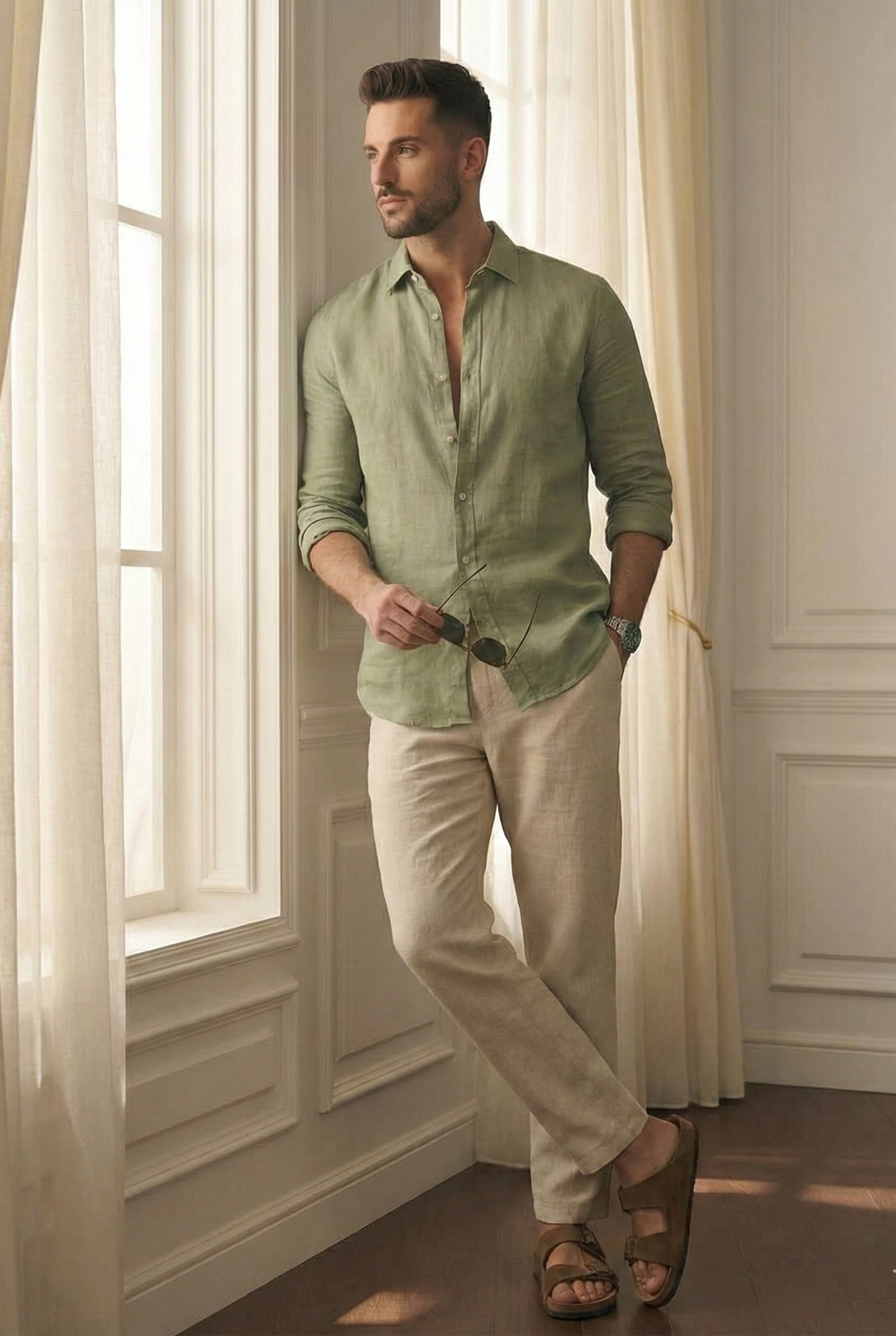 Old Money Olive & Beige Classic Combo - Lotus Linen 2-Piece Duo Set Shirt & Pants