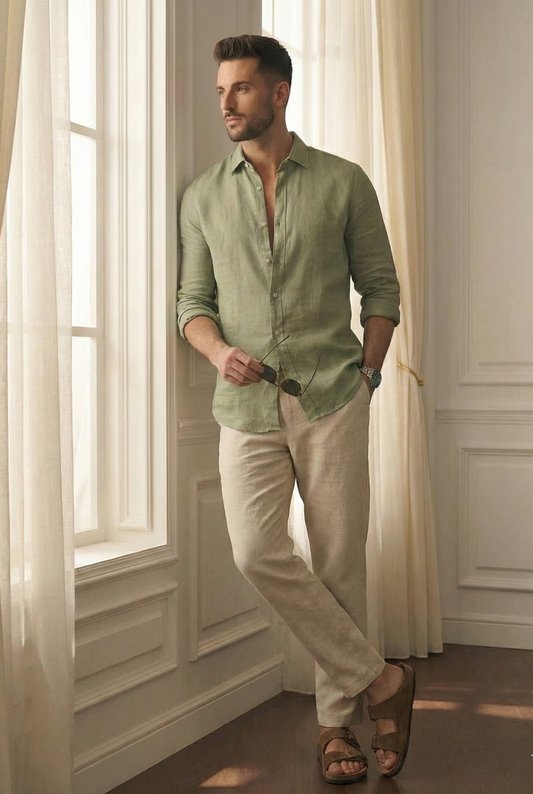 Old Money Olive & Beige Classic Combo - Lotus Linen 2-Piece Duo Set Shirt & Pants