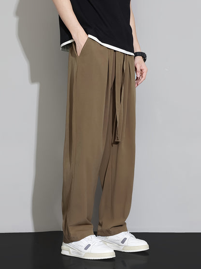 Double-Line Grid Ice Silky Fiber Fabric Wide-Leg Pants for Men, New Summer Style, Trendy Thin Loose Straight-Leg Versatile Casual Draping Trousers