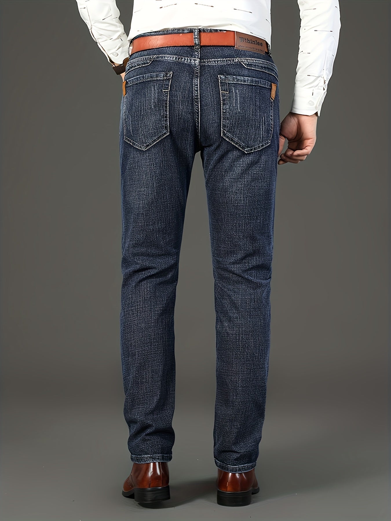 All Seasons New High-End Light Luxury Jeans Men'S Loose Straight Trousers High Waist Mid-Age Men'S Business Thick Versatile Fashion Casual Long Pants Belt-Free