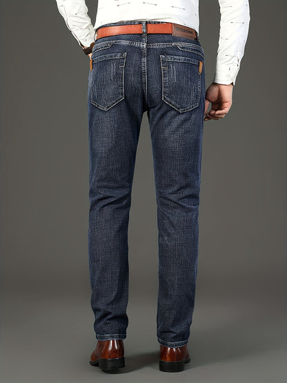 All Seasons New High-End Light Luxury Jeans Men'S Loose Straight Trousers High Waist Mid-Age Men'S Business Thick Versatile Fashion Casual Long Pants Belt-Free